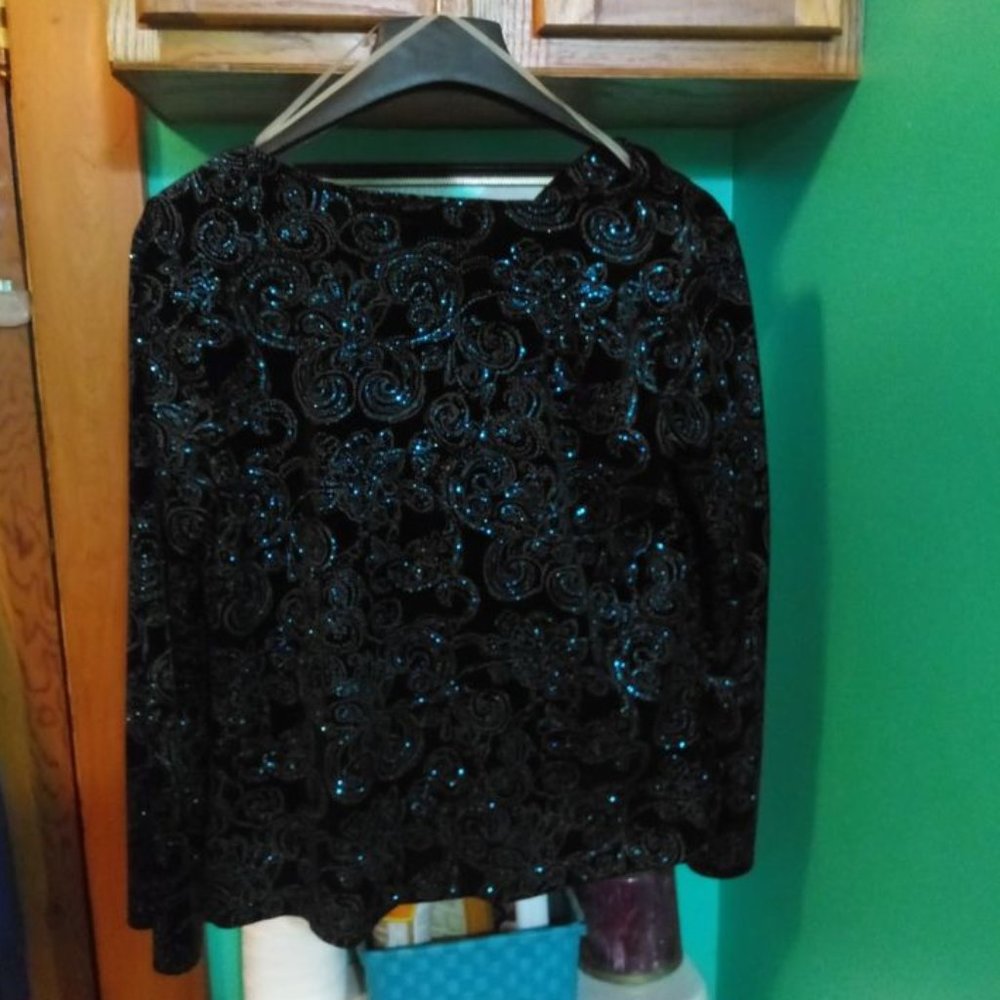 Size 1X BLUE Sparkle on Black Long Sleeve Top